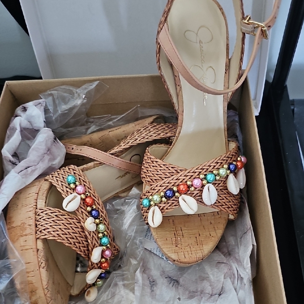 Jessica Simpson Tan Sandals with Woven Texture and Ankle Strap